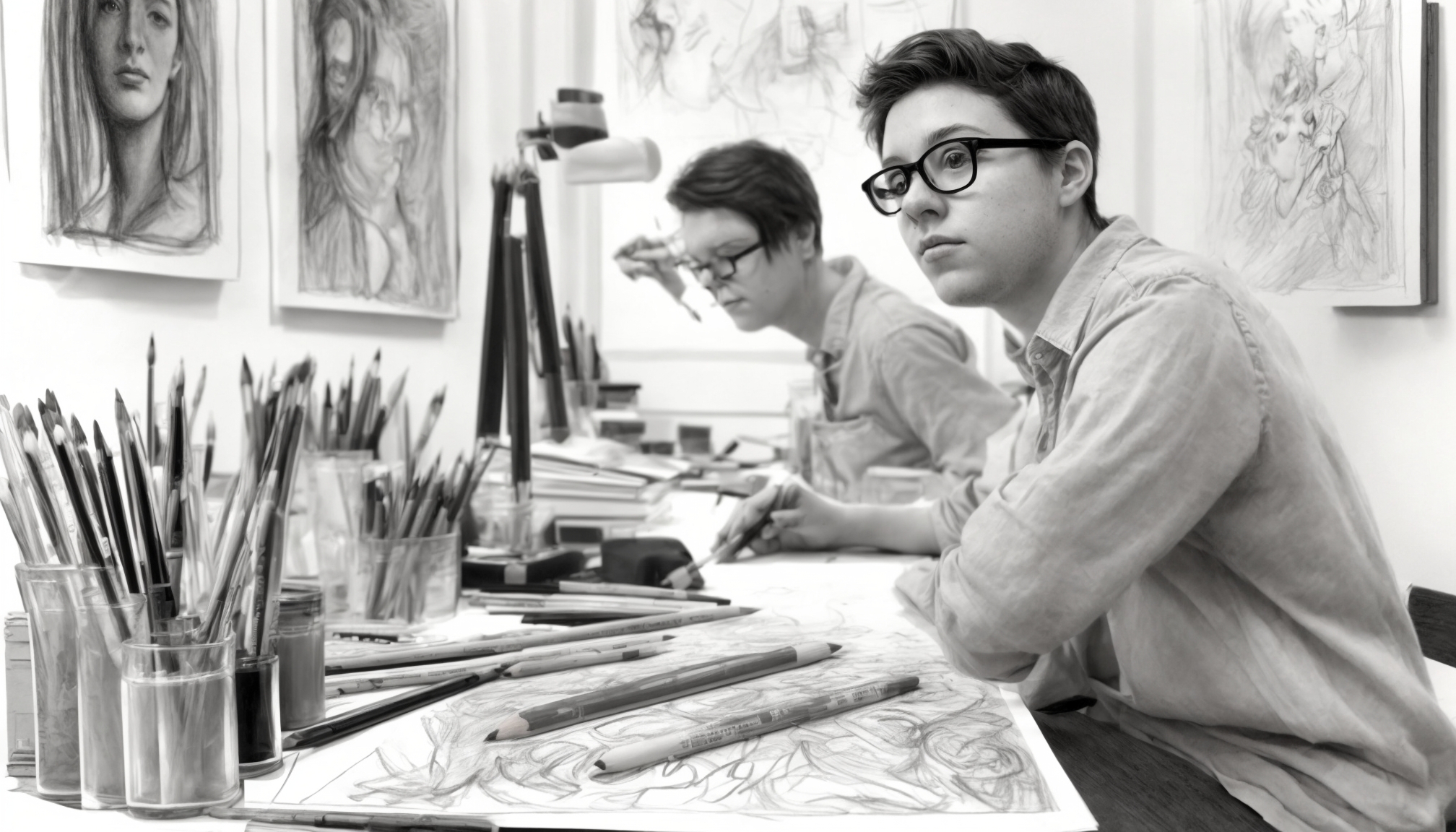A young artist deeply focused on sketching on a desk with art supplies