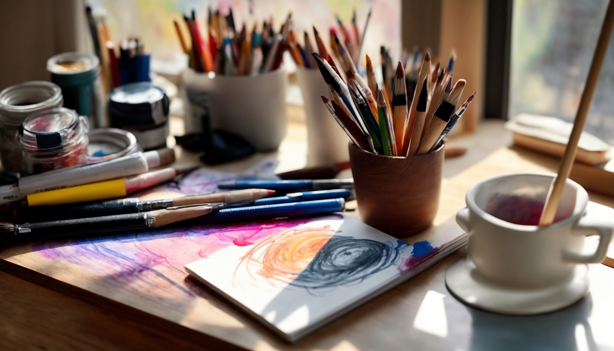 Artist's drafting table with sketchbooks, gouache, and iPad showing visual art and illustration education techniques