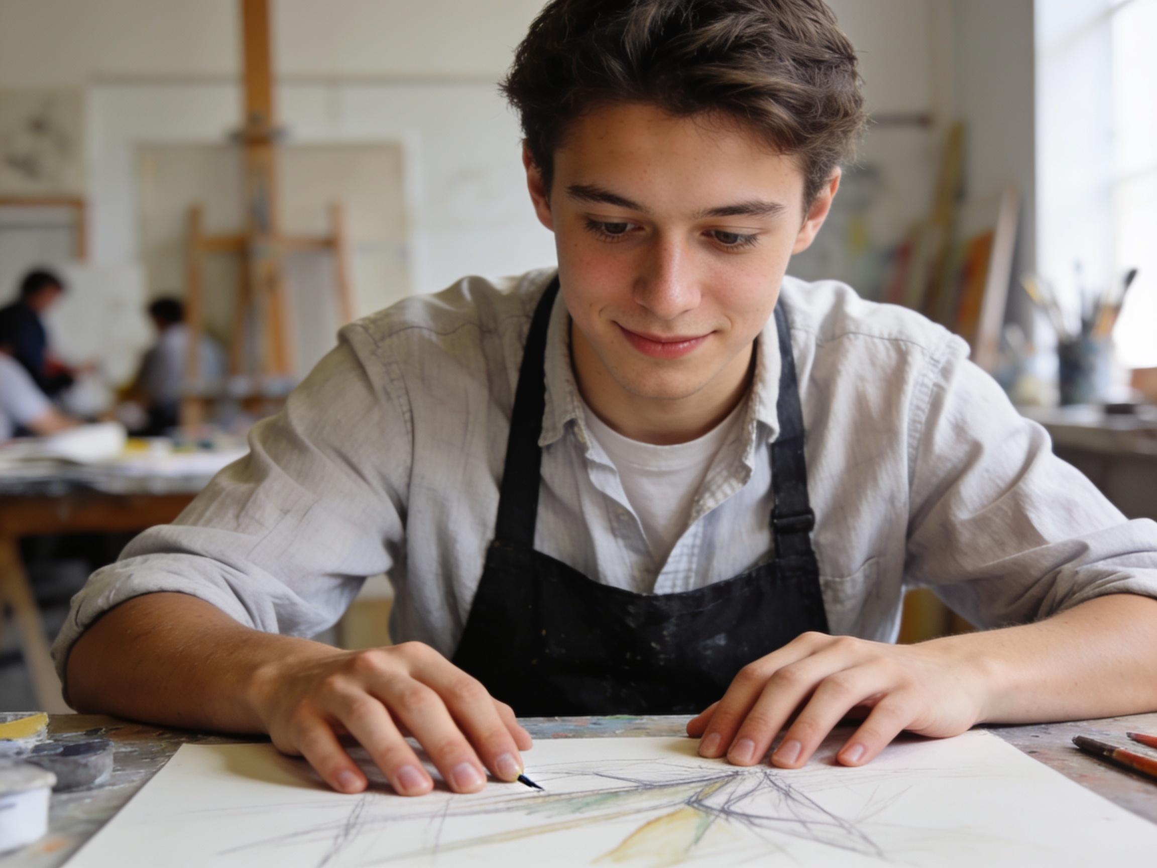 Art student sketching human anatomy at a wooden desk