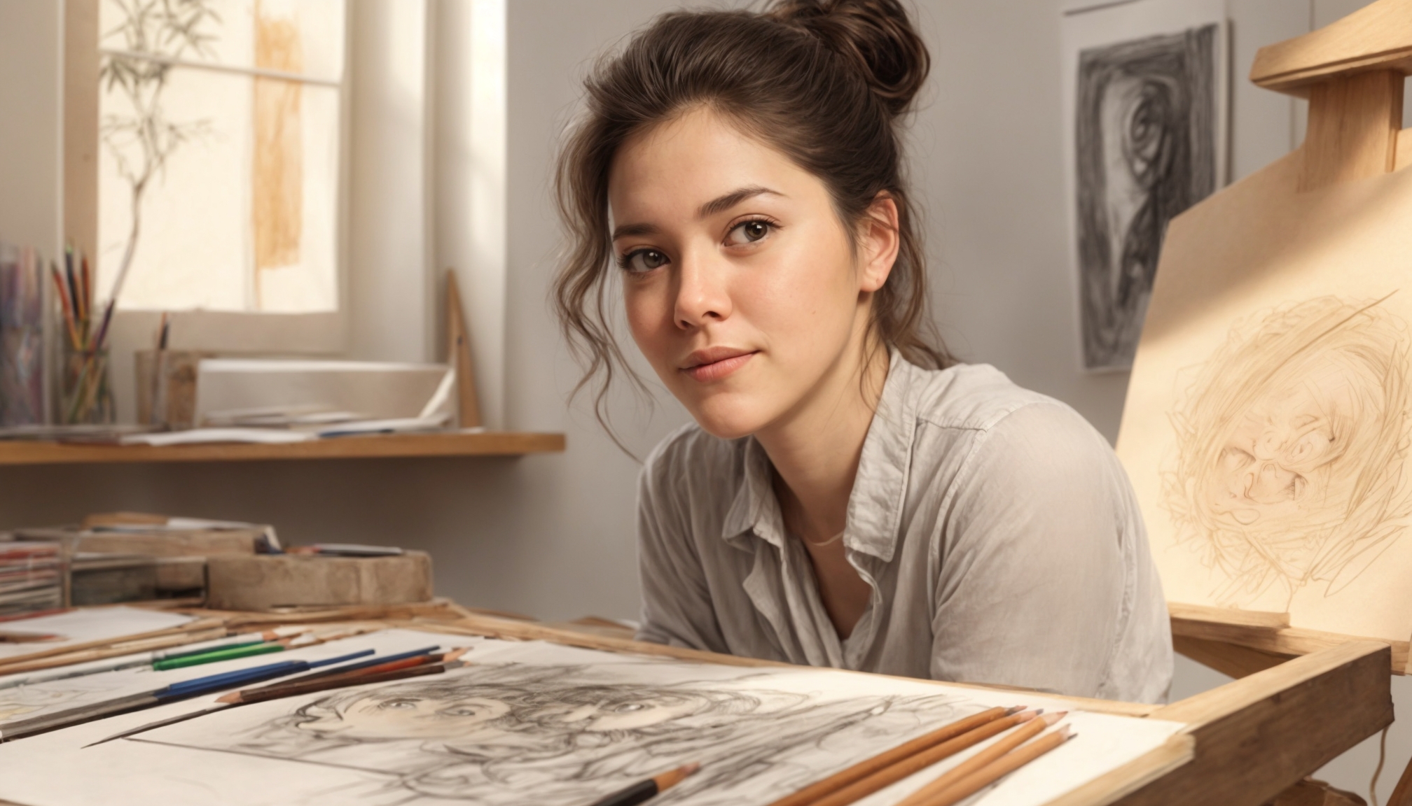 Artist practicing illustration techniques at a drafting table with sketchbooks and pencils in a bright studio
