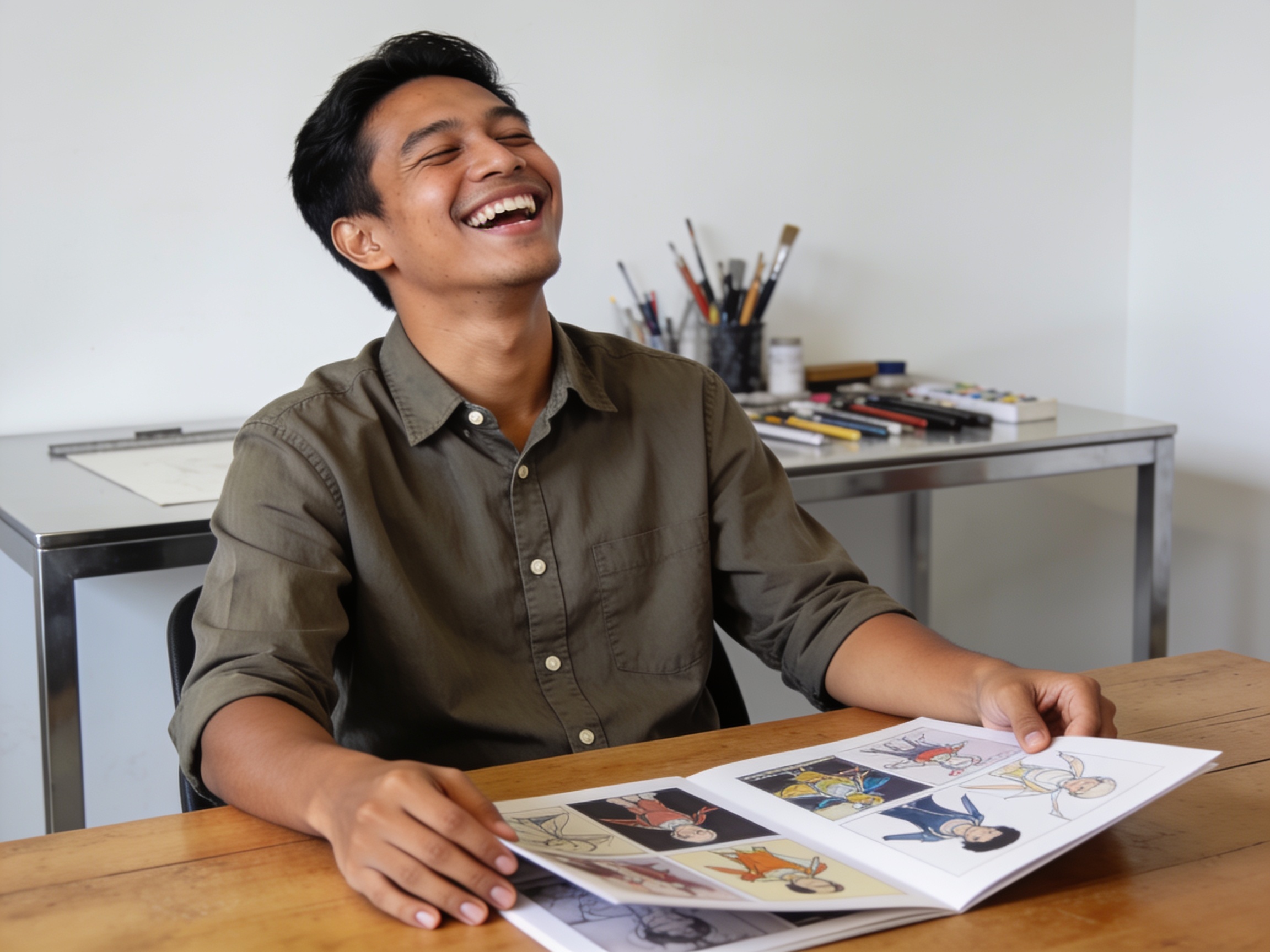 Indonesian illustrator reviewing graphic illustrations to meet international art exhibition standards
