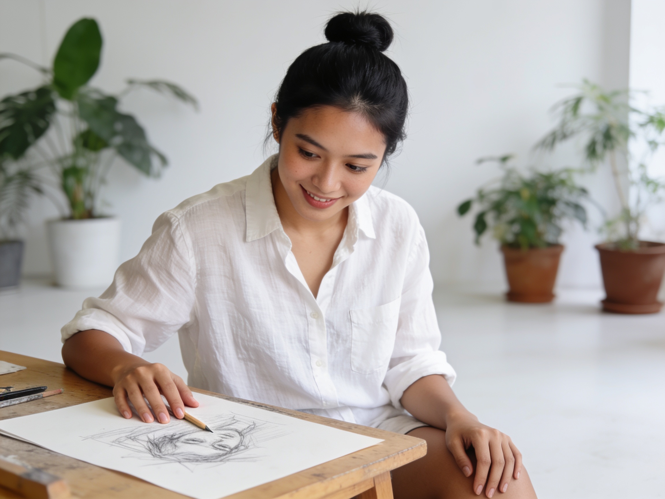 Southeast Asian artist practicing visual arts education basics with pencil sketch on desk