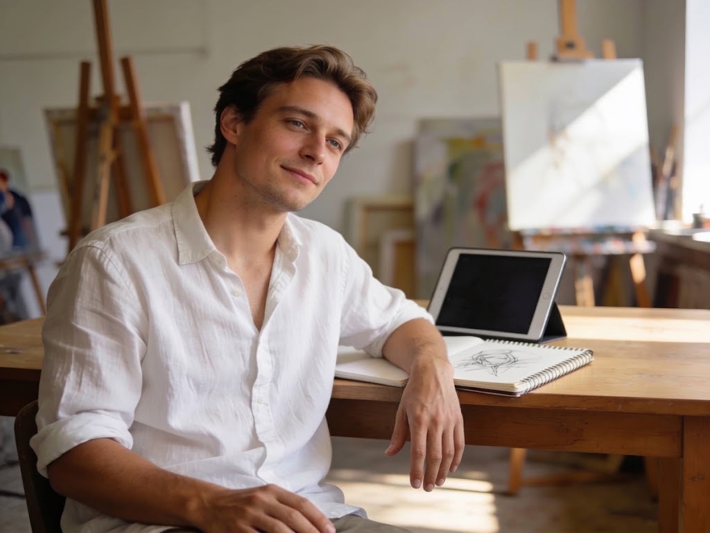 European art student studying visual arts education trends with digital and traditional tools.