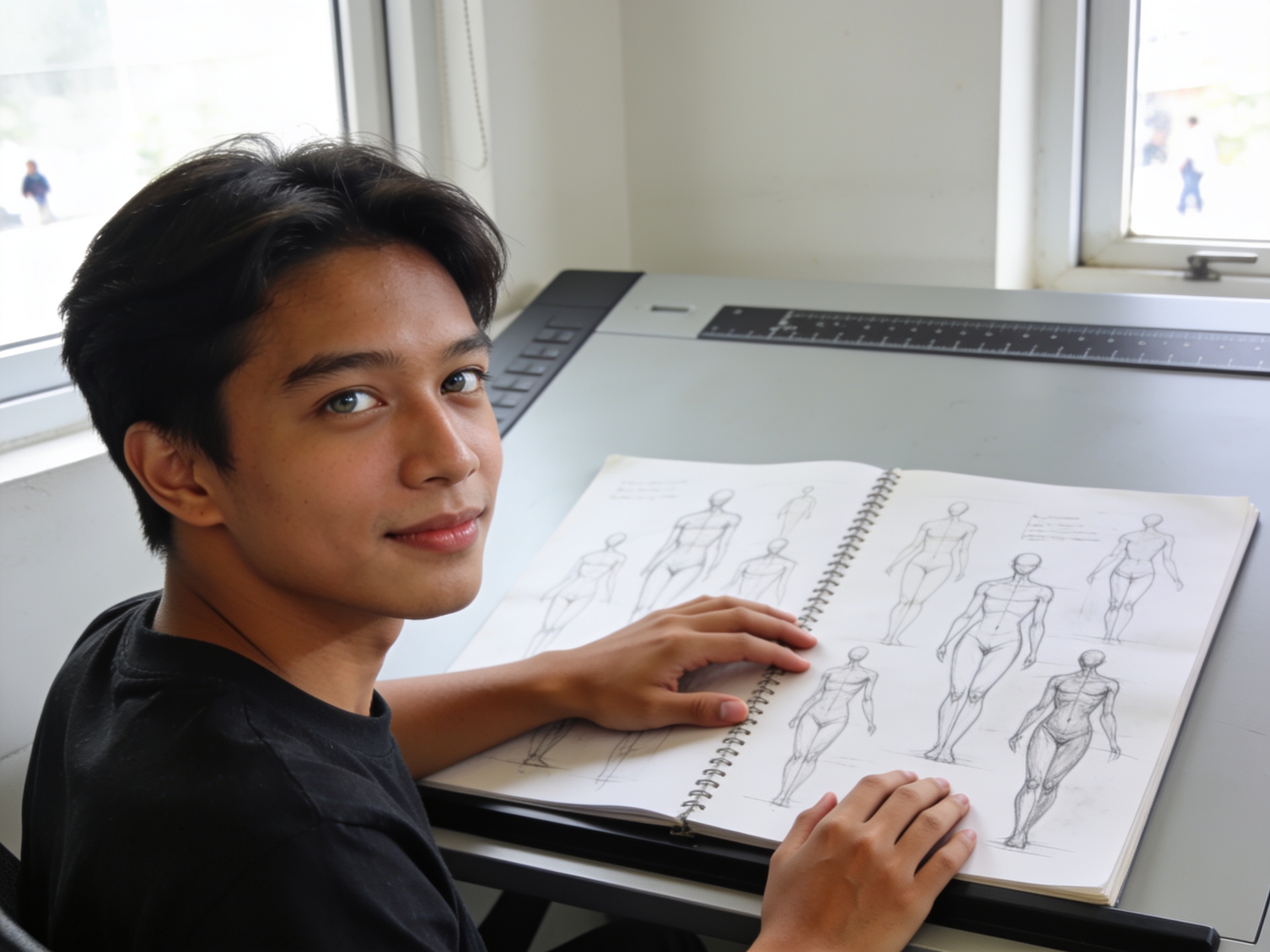 Indonesian art student studying a basic drawing techniques tutorial sketchbook in a bright studio.