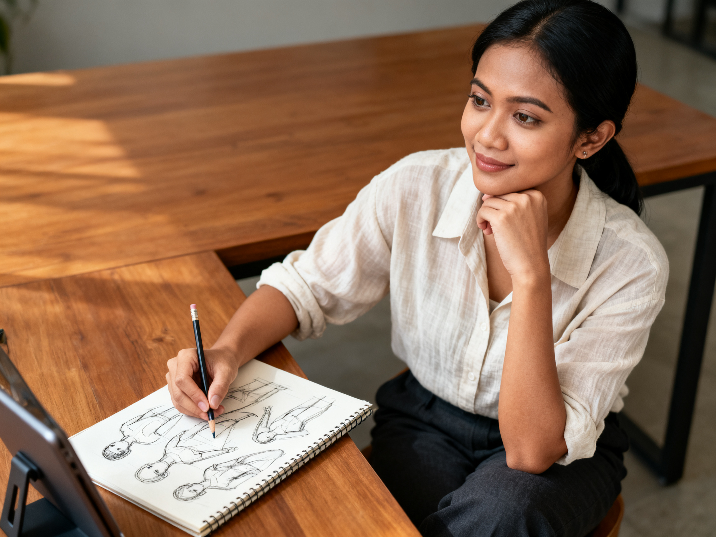Illustration of an Indonesian artist practicing basic drawing techniques tutorial with sketchbook and pencil